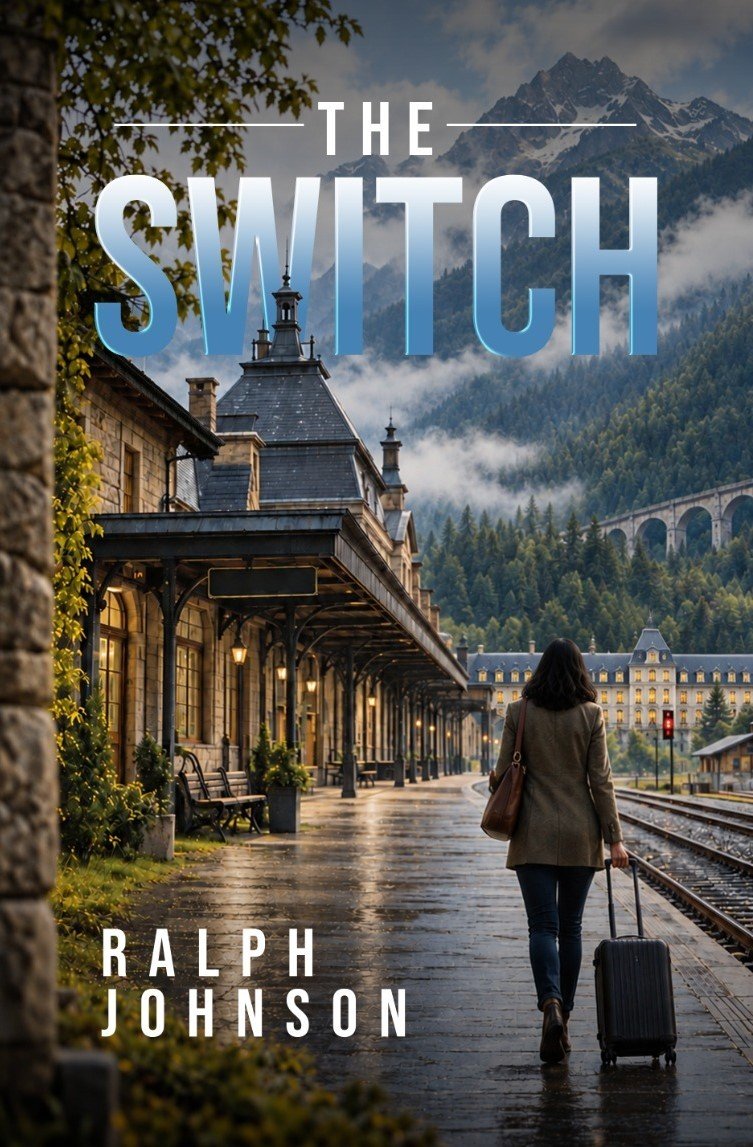 The Switch by Ralph Johnson, book cover: a woman with a suitcase walks along a rain-wet platform toward a grand mountain station